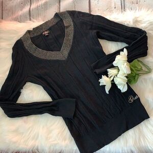 Guess Black V-Neck Sweater with Gold Accents